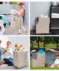 Set of four images showing a Stand Up Laundry Hamper With Handles And Built In Liner Two Pack Collapsible Laundry Basket in use indoors and outdoors.