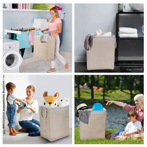 Set of four images showing a Stand Up Laundry Hamper With Handles And Built In Liner Two Pack Collapsible Laundry Basket in use indoors and outdoors.