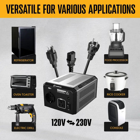 Beefy 850 Watt Step Up And Down Voltage Transformer with appliances illustrating versatility for home travel and electronics use.