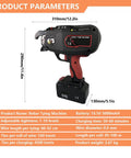Heavy-Duty Rebar Tying Machine With Battery And Charger for Steel Ironing 4-45mm Bars, cordless tool with specs displayed.