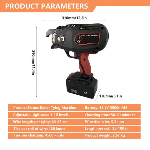 Heavy-Duty Rebar Tying Machine With Battery And Charger for Steel Ironing 4-45mm Bars, cordless tool with specs displayed.