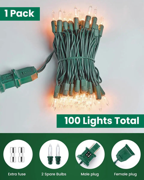 Clear Christmas String Lights 100 Count On Green Wire 20 Feet Incandescent Mini Bulbs with plugs and spare parts