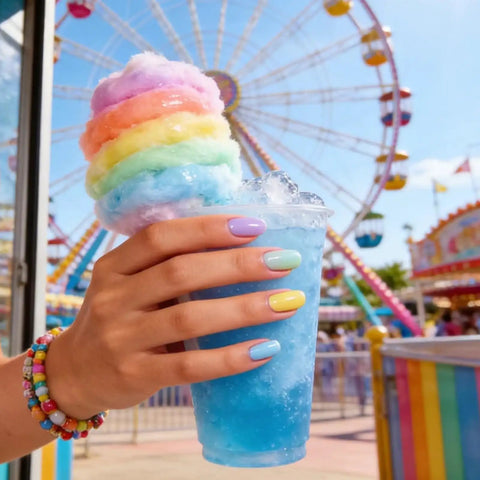 Hand with Six Candy Colors Gel Nail Polish Set HEMA Free TPO Free Soak Off Gel Polish in pastel shades holding a blue drink