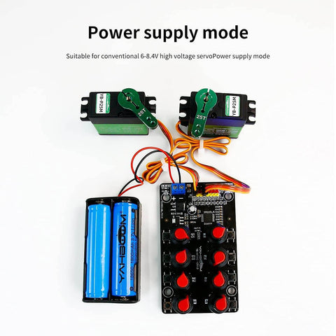 8 Channel RC Servo Tester With Independent 8 Channel Interface And Over Current Protection connected to power source and servos.