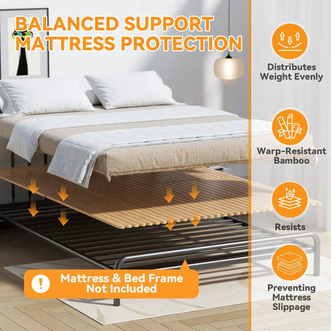 Queen Size Bamboo Bunkie Board Heavy Duty Bed Base Under Mattress Zero Flex Platform showing bamboo slats and mattress support.