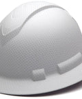 Ridgeline Full Brim Hard Hat With 4 Point Ratchet Suspension Lightweight ABS Build Matte White Graphite Pattern displayed at angle