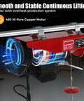 Heavy Duty 480W Mini Electric Hoist With Emergency Stop Button For Garage And Warehouse Use showing pure copper motor and hook.