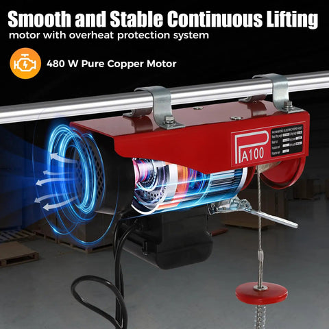 Heavy Duty 480W Mini Electric Hoist With Emergency Stop Button For Garage And Warehouse Use showing pure copper motor and hook.