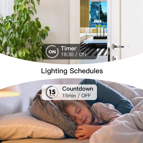3 Way WiFi Smart Light Switches 4 Pack With 2.4GHz Connectivity, lighting schedule, woman sleeping, room with timer display on screen