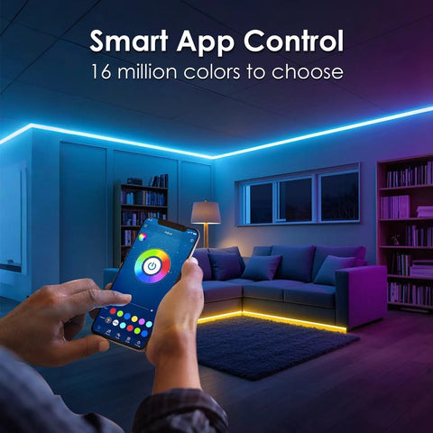 Lit LED Strip Lights 25ft WiFi RGB Color Changing Works With Alexa And Google in a living room controlled by smartphone app