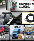 12 Foot Air Line Hose Assembly With Flexible Grips And 1/2 Inch Npt Fittings Red And Blue End Fittings Sae J1402 Type A Rubber Airbrake Hose Dual Lead Set For Semi Trucks Trailers And Tractors displayed next to truck and trailer images