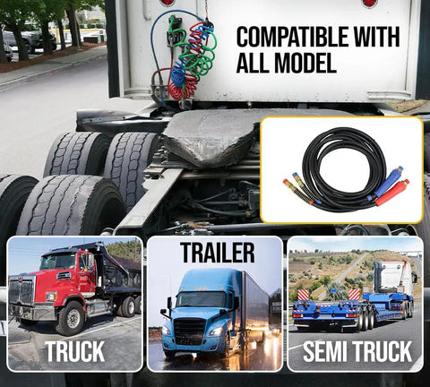 12 Foot Air Line Hose Assembly With Flexible Grips And 1/2 Inch Npt Fittings Red And Blue End Fittings Sae J1402 Type A Rubber Airbrake Hose Dual Lead Set For Semi Trucks Trailers And Tractors displayed next to truck and trailer images
