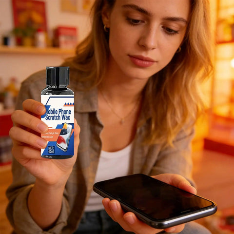 Woman holding a bottle of Mobile Phone Scratch Wax, 100ml, examining phone screen indoors.