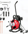 Heavy Duty Electric Drain Cleaner With Automatic Feed Sewer Snake And Foot Pedal showcasing motor, red reel, and assorted tools for plumbing.