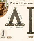 Product dimensions of Six Piece Antique Brass Lid Support Folding Hinges for jewelry boxes and wooden cabinets with mounting screws.