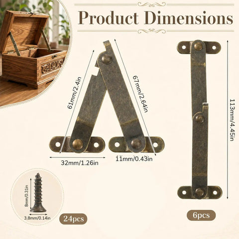 Product dimensions of Six Piece Antique Brass Lid Support Folding Hinges for jewelry boxes and wooden cabinets with mounting screws.