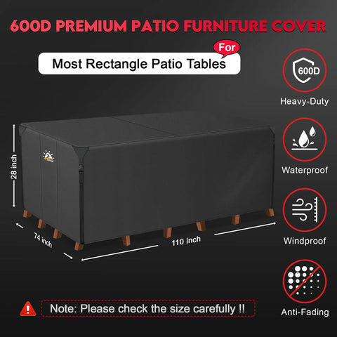 Rectangular Patio Table Cover 110 Inch Waterproof Heavy Duty 600D Outdoor Furniture Cover for Six To Ten Seat Sofa Set