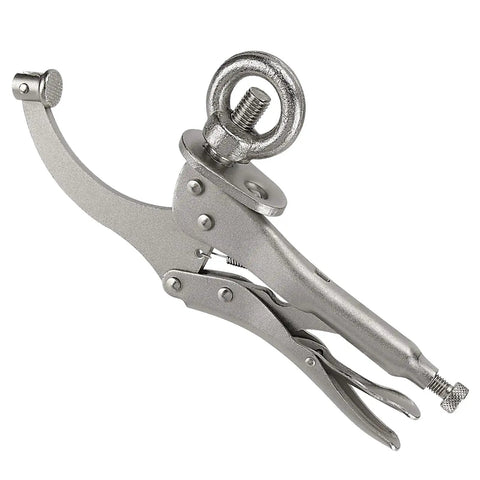 Side view of Two Pack 9 Inch Drill Press Locking Clamps Heavy Duty Drill Press Vise Grips For Fixed Workpieces That Hold Them Tight Ideal For Drilling And Metalworking Carbon Steel Construction With Titanium Plated Rust Resistance, showing metallic clamp structure.