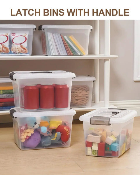 4 Pack 6 Qt Clear Storage Bins With Lids And Grey Handles stackable on a shelf, holding toys, craft supplies, and kitchen items.