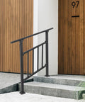 Rock Solid Heavy Duty Black Metal Stair Railing With Integrated Safety Fence For Three Step Outdoor Porch and Indoor Hallway Kickass Rust Proof Handrail Slick Durable Finish, installed by steps.