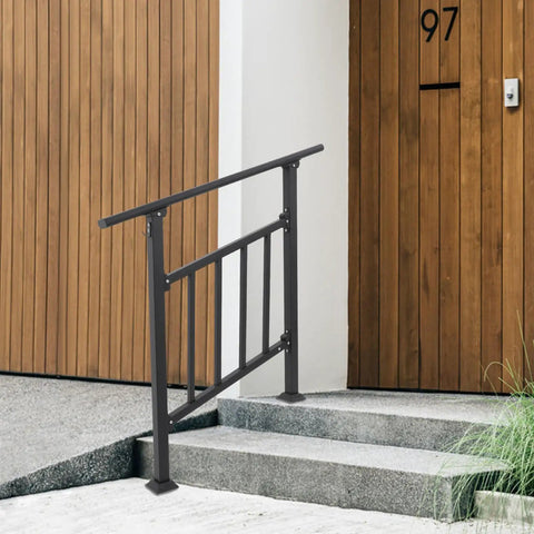 Rock Solid Heavy Duty Black Metal Stair Railing With Integrated Safety Fence For Three Step Outdoor Porch and Indoor Hallway Kickass Rust Proof Handrail Slick Durable Finish, installed by steps.