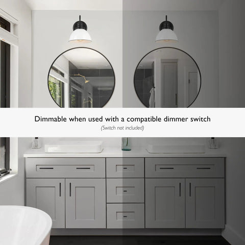 Savannah Rustic Farmhouse Wall Light dimmable matte black finish with white metal shade in modern bathroom setting