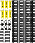 Product focus keyword is: E Track Rail Tie Down Kit 28 Piece Set With 8 Foot Rails End Caps Rope Tie Offs And O Ring Anchors Heavy Duty Cargo Securing System For Trucks Vans And Trailers. 4 black 8-foot E-track rails with yellow straps and O-ring anchors.