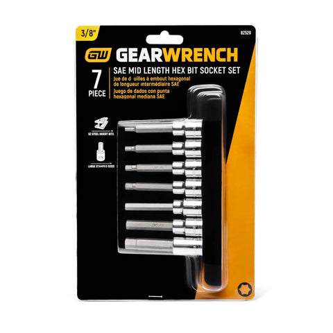 Packaging of Seven Piece Three Eighths Inch Drive Mid Length Hex Bit Socket Set SAE and Metric with S2 Steel Insert Bits