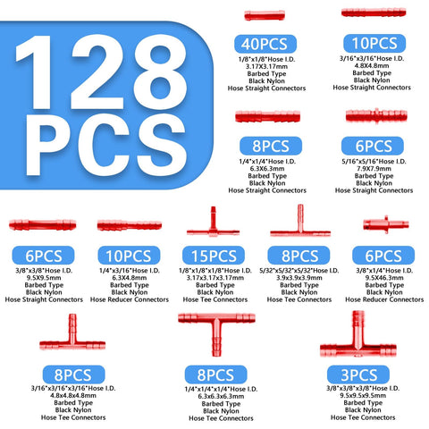 Dope Red Silicone Vacuum Hose Kit With Color Matched Connectors, 6 Size Tubing Set, 128 Pieces, Connectors Displayed