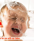 Child with water splash wearing Soft Moldable Silicone Earplugs For Kids Size, 200 Pair Dispenser, Safe With Ear Tubes, Made In USA.