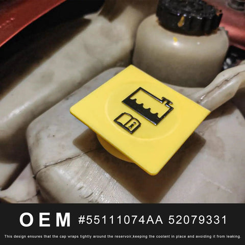 Engine Coolant Reservoir Cap 2 Pack Beefed Up Leakproof Seal Replacement For OEM 55111074AA 52079331 installed on reservoir