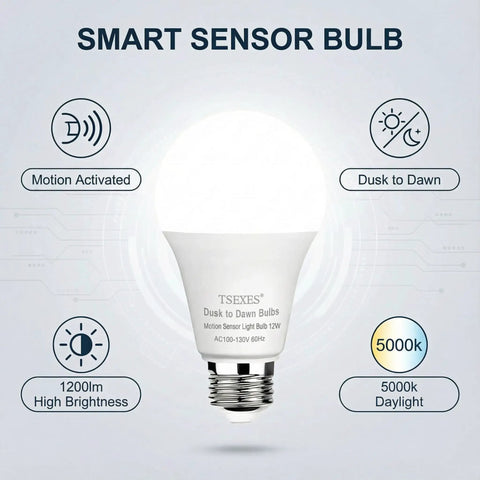 Motion Sensor LED Light Bulbs 12W 100W Equivalent Daylight 5000K 4 Pack With Dusk To Dawn Auto On Off Detects Motion Up To 20 Feet Turns Off After 30 Seconds Super Easy Install Great For Hallways Closets Porches smart sensor bulb