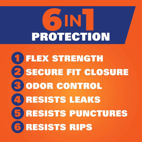 Ultra Strong 13 Gallon Black Trash Bags Tall Kitchen Garbage Bags With Drawstring Enclosure Break Resistant And Odor Blocking showing 6 in 1 protection features: flex strength, secure fit closure, odor control, resists leaks, resists punctures, resists rips