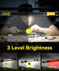Magnetic Rechargeable Work Light 3000LM LED Light Bar With 5200mAh Battery showing three brightness modes during car repair at a workshop.