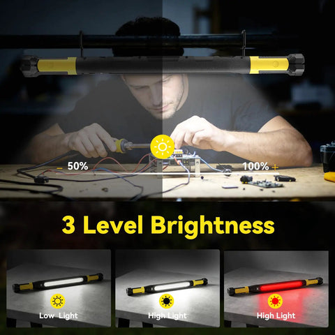 Magnetic Rechargeable Work Light 3000LM LED Light Bar With 5200mAh Battery showing three brightness modes during car repair at a workshop.