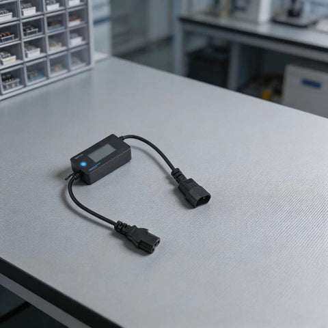Hella Precise EV Charger Analyzer 8 To 120 Volts And 0 To 10 Amps on a table, showing compact size and LCD display for real-time monitoring.