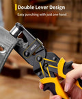 Pro Grade Grommet Tool Kit With Magnetic Alignment, punching grommets into canvas tarp using double lever design.