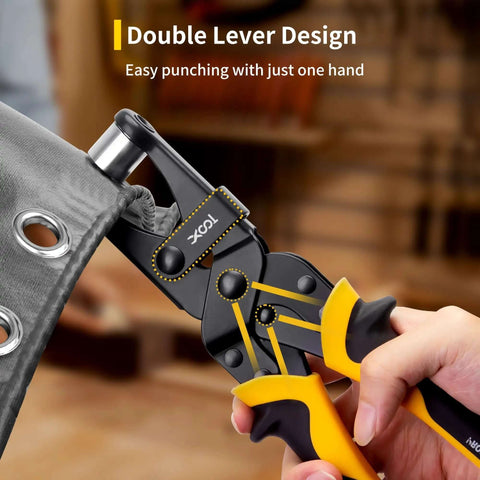 Pro Grade Grommet Tool Kit With Magnetic Alignment, punching grommets into canvas tarp using double lever design.