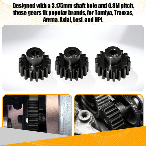 0.8M Pinion Gear Set Hardened Steel 3.175mm Shaft 16T 17T 18T With Screws And Hex For Tamiya Traxxas Arrma Axial Losi HPI 1/10 RC Car