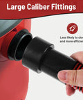 Close-up of 10 Foot Dust Collection Hose Kit With 6 Universal Adapters, red hose being connected to large caliber fitting.