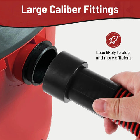 Close-up of 10 Foot Dust Collection Hose Kit With 6 Universal Adapters, red hose being connected to large caliber fitting.