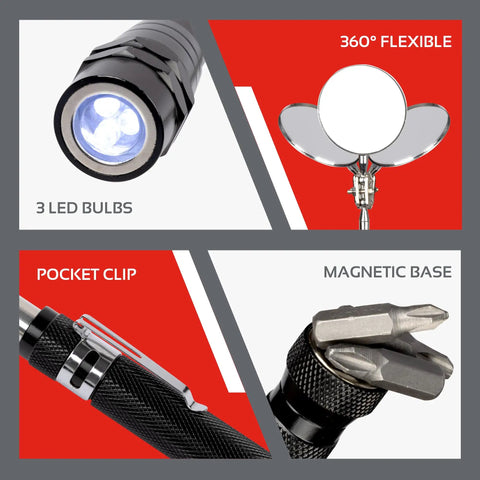 Telescoping Magnetic Pickup Tool Kit With Super Bright COB LED Square Inspection Mirror and Flashlight features