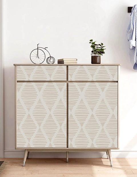 Cabinet with Beige And White Stripe Peel And Stick Wallpaper Self Adhesive Vinyl Roll For Walls And Cabinets Waterproof.