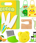 15-piece Montessori kids kitchen set with yellow and green cutting boards and plastic toddler knives with serrated edges.