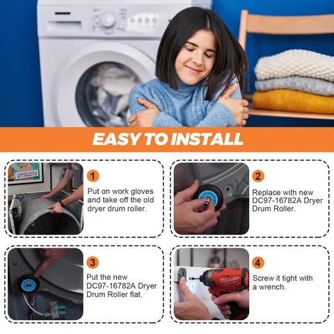 Instructions for installing the 2026 Upgraded Dryer Drum Roller With Bearings Kit, detailing replacement process for Samsung dryers.