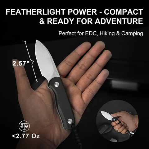 Person holding Drop Bear Fixed Blade Knife With 2.57 Inch D2 Satin Blade, Ultra Lightweight EDC Camping Knife With Black G10 Handle