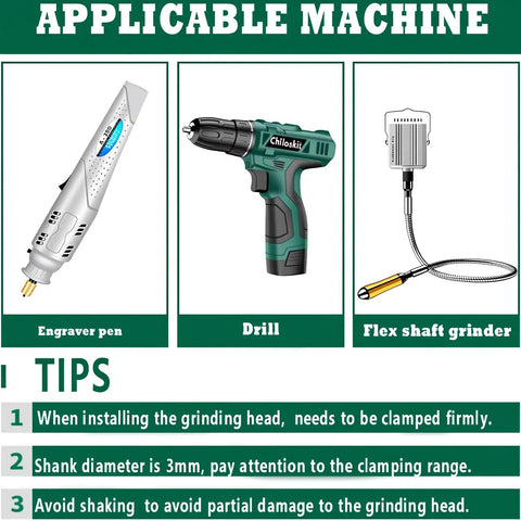 Compatible machines for Pro Grade Beast Diamond Grinding Bit Set For Rotary Tools include engraver pen, drill, and flex shaft grinder.