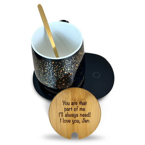 Personalized Coffee Mug Warmer With Auto Shut Off Sensor Touch Smart Heating Coaster Desk Essential Keeps Your Daily Brew Hot Gift That Slaps For Coffee Tea Lovers Straight Fire Vibe Included with black mug and bamboo coaster.