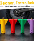 Slick Garage Essential Swingarm Linkage Bearing Grease Tool Kit For Dirt Bike And 125 Cc To 500 Cc Off Road Motorcycle Suspension Service Fitment For Ktm And Shredders showing colorful grease tool nose pieces.