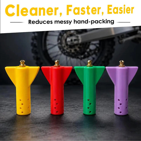 Slick Garage Essential Swingarm Linkage Bearing Grease Tool Kit For Dirt Bike And 125 Cc To 500 Cc Off Road Motorcycle Suspension Service Fitment For Ktm And Shredders showing colorful grease tool nose pieces.